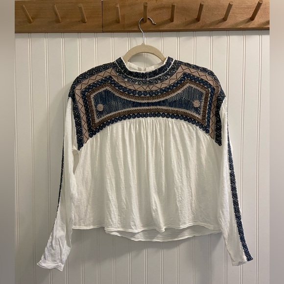 Free People Tops - Free People Embroidered Boxy Cropped Long Sleeve Keyhole Neck Bohemian Blouse XS